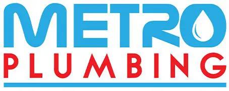Metro plumbing logo with a blue and red background