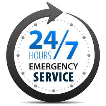 A clock that says 2 4 / 7 emergency service.