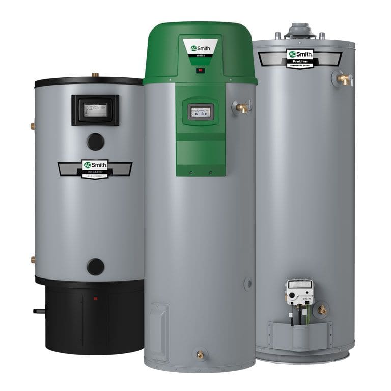 Three water heaters are shown side by side.