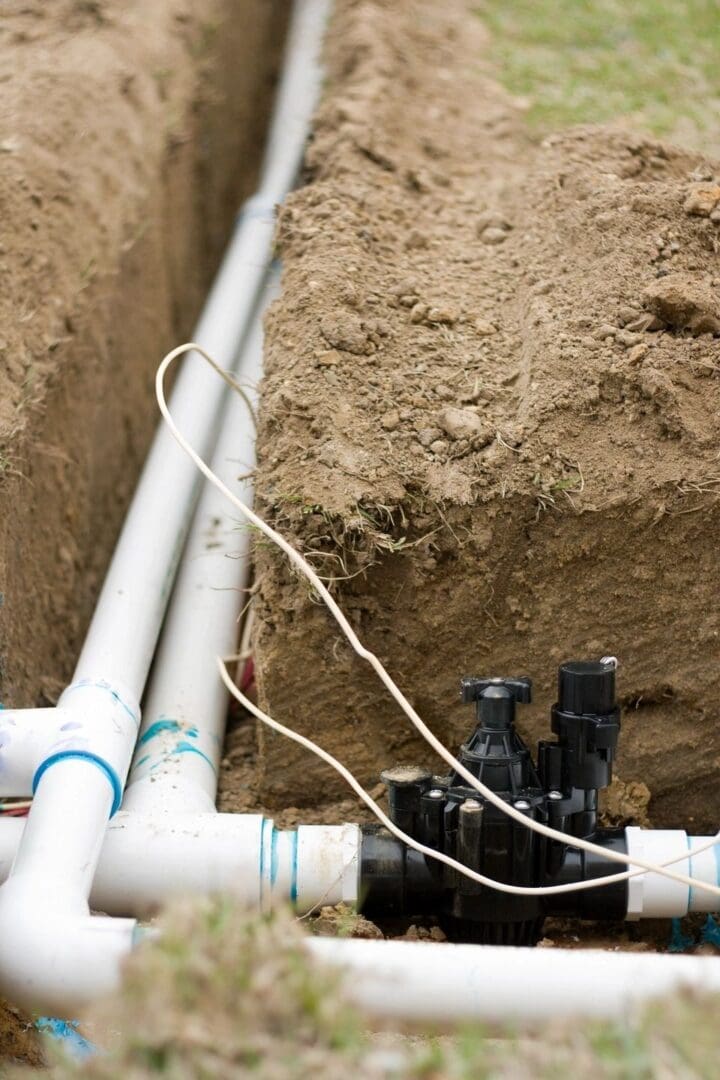 A pipe laying on top of the ground next to two pipes.