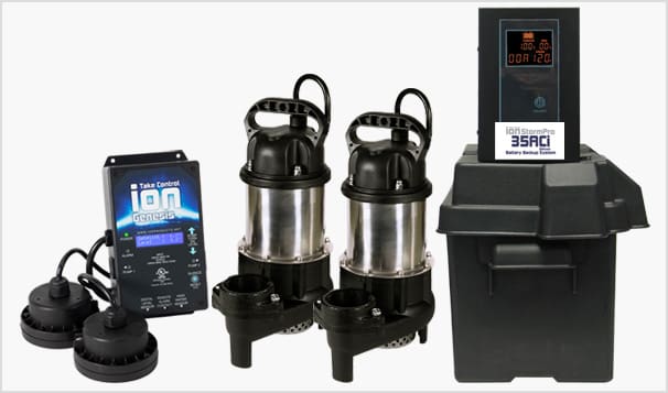 A group of water pumps and a digital meter.